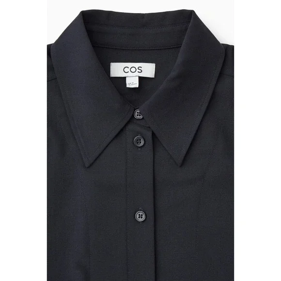 COS Navy Asymmetric Wool Shirt Dress Button Front Midi US 14 Minimalist - Picture 3 of 9